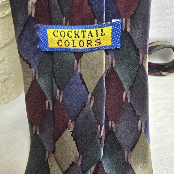 COCKTAIL COLORS GEOMETRIC DIAMOND BLOCK GOLD GREEN BLUES MENS TIE SILK - Picture 6 of 6
